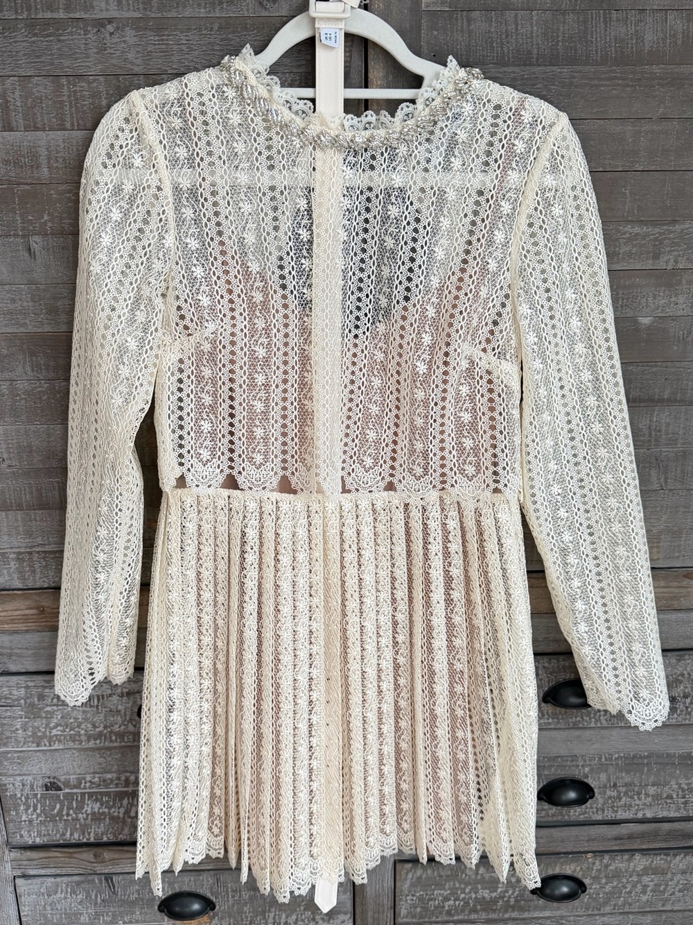 Self-Portrait Cream Long-Sleeve Lace Mini Dress